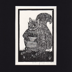 Squirrel Playing the Washboard Matted Linocut Hand Printed Hand Carved Black & White