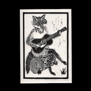 Fox Playing Guitar Matted Linocut Hand Printed Hand Carved Black & White