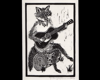 Fox Playing Guitar Matted Linocut Hand Printed Hand Carved Black & White