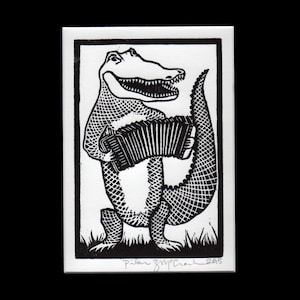 Alligator playing the Accordion Matted Linocut Hand Printed Hand Carved Black & White