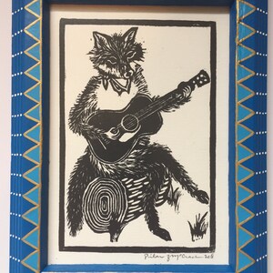 Fox Playing Guitar Linocut Print in Decorated Frame