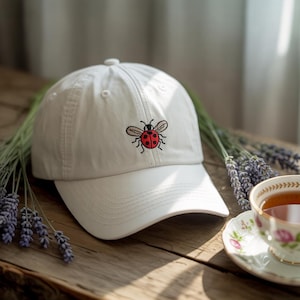 Embroidered Ladybug Hat for Nature Lovers–Cute Insect Design Wash Hat or Baseball Cap, Cottagecore Garden Gift for Outdoor Spring Aesthetic