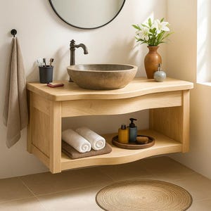 Solid Wooden Bathroom Vanity with Shelf and Countertop | Handcrafted Pure Oak Vanity Unit for Modern Minimalist Washroom Interior Décor