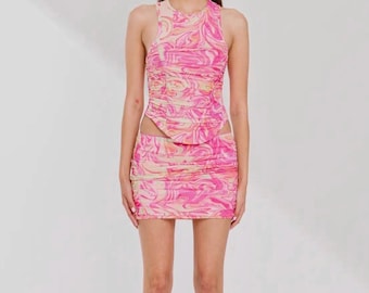 Swirl Ruched Mesh Tank and Low Rise Skirt Set