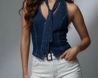 Denim Necktie Halter Top