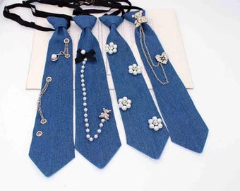 Preppy Denim Pearl Necktie