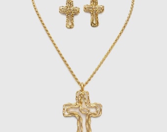 Hammered Cross Wire Necklace Earring Set
