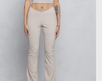 Flawless Faux Leather Square Buckle Top & Flare Pants Set