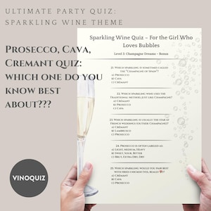 May include: A party quiz with a sparkling wine theme. The quiz asks questions about Prosecco, Cava, and Crémant. The quiz is titled "Sparkling Wine Quiz - For the Girl Who Loves Bubbles". A glass of champagne is in the image.