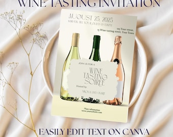 May include: A beige invitation card with a torn edge design. The card features a graphic of three wine bottles and text that reads "Wine Tasting Soiree" and "August 25, 2025".