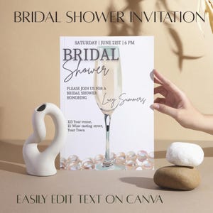 Pearls and Prosecco Bridal Shower Invitation | Elegant Champagne Glass Template | Editable Canva Invite | Printable Bridal Shower