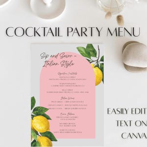 Modèle de menu de cocktail italien élégant | Thème citron imprimable | Menu apéritif numérique et dos en prime