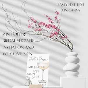 Pearls and Prosecco Bridal Shower Invitation & Welcome Sign, Editable Canva Template, Champagne Bridal Party Printable Sign Instant Download
