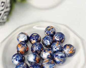 Hand Painted Wooden Beads – Blue Orange Marble Look Jewelry Making Supplies (12 Pack)