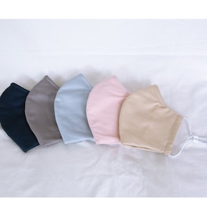 May include: Five fabric face masks in different colors: navy blue, gray, light blue, pink, and beige. The masks are laid out in a row on a white surface.