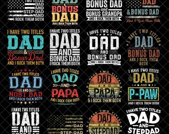 Ho due titoli: "Papà e Patrigno" in formato PNG, "Li indosso entrambi" in formato PNG, "Miglior Papà Uomo Divertente" in formato PNG, "Nonno Nuovo Vintage" in formato PNG, "Festa del Papà" in formato PNG