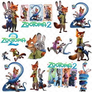 May include: A collection of Zootopia 2 themed images featuring the characters Nick Wilde, Judy Hopps, and other characters. The images include the Zootopia 2 logo, and various poses of the characters.