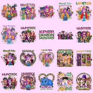 May include: A collection of colorful digital illustrations featuring cartoon characters in Mardi Gras and K-Pop themes. The designs include text such as "Mardi Trix", "Huntrix", "Saja Boys", and "K-Pop Demon Hunters". The artwork is set against a light pink background.