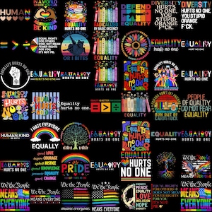 Peut inclure: Un collage de graphiques avec des messages d'égalité, de diversité et d'inclusion. Les images présentent des arcs-en-ciel, des cœurs et des textes tels que "Equality Hurts No One" et "We the People Means Everyone."