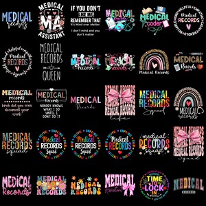Pode incluir: Uma coleção de designs gráficos coloridos com as palavras "Medical Records" em várias fontes e estilos. Alguns designs incluem símbolos médicos, arco-íris e citações inspiradoras. Os designs estão em um fundo preto.