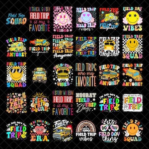 Op de afbeelding: Een verzameling kleurrijke grafische ontwerpen met het thema "Field Trip". Ontwerpen omvatten smiley gezichten, schoolbussen en tekst zoals "Field Trip Squad" en "Field Trip Vibes".