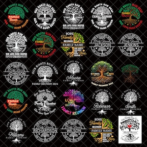 May include: A collection of family reunion designs featuring tree graphics with the phrases "Our Roots Run Deep" and "Our Love Runs Deeper." The designs include the year 2024 and 2025, and family names. The color palette includes green, red, and white.