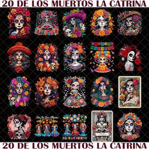 Op de afbeelding: Een verzameling van 20 kleurrijke illustraties met La Catrina, een symbool van de Dag van de Doden. Elke afbeelding toont een andere afbeelding van La Catrina met bloemstukken, schedels en levendige kleuren. De tekst "20 DE LOS MUERTOS LA CATRINA" staat boven en onder.