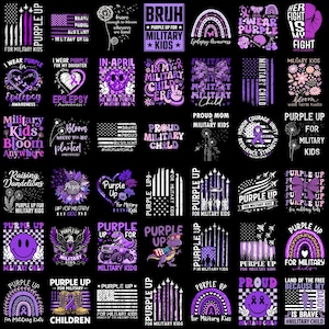 Pode incluir: Uma coleção de designs gráficos roxos e brancos em um fundo preto. Os designs incluem texto como "Purple Up for Military Kids", arco-íris, fitas e bandeiras americanas. Alguns designs apresentam rostos sorridentes e dinossauros.