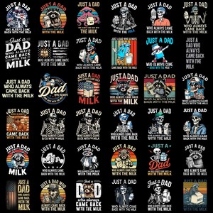 以下が含まれることがあります： 「Just a Dad」の文字と様々なイラストが描かれたグラフィックTシャツのデザインコレクション。デザインには、スケルトン、アライグマ、タコ、クマが含まれており、それぞれ牛乳パックを持っています。シャツはレトロなスタイルです。