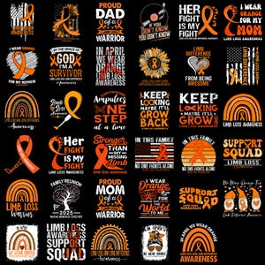 Puede incluir: Una colección de diseños gráficos en naranja y negro con texto relacionado con la concienciación sobre la pérdida de extremidades. Los diseños incluyen lazos, arcoíris y frases como "Support Squad" y "We Wear Orange".