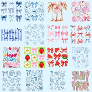 Pode incluir: Uma coleção de ilustrações em aquarela com laços, conchas, estrelas do mar, palmeiras, caranguejos e fatias de melancia. A imagem também inclui o texto "Sunshine & iced coffee", "Praying Mama Raising Warriors" e "SUMMER".