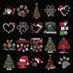 Pode incluir: Uma coleção de designs com tema de Natal em um fundo preto. Os designs incluem árvores de Natal, pegadas de patas, corações e chapéus de Papai Noel, todos decorados com cores e luzes festivas. Alguns designs incluem as palavras "Joy", "Merry Christmas" e "Pawlidays".