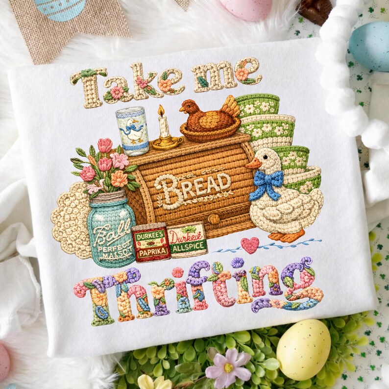 Pu&ograve; includere: T-shirt bianca con design ricamato. Il design include il testo "Take me Thrifting", una cassetta del pane, un'anatra, fiori e articoli per la dispensa. Le lettere sono decorate con motivi floreali.