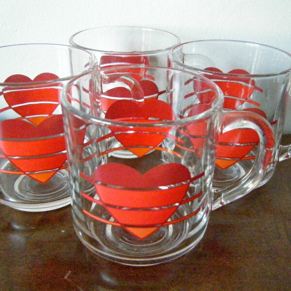 Vintage 1980's Clear Glass Mugs with Red Hearts, Set of 4 Coffee Glasses/Mugs, Perfect for Valentines Day, So Retro and Fun