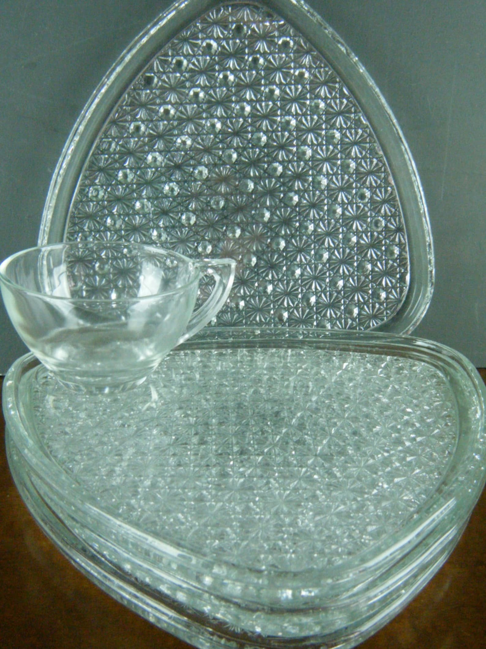 Triangular Clear Depression Glass Snack Plates With Cups Etsy