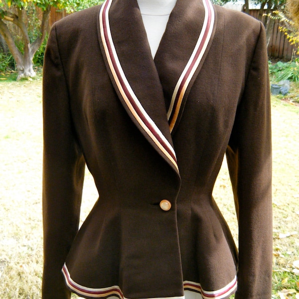 RESERVED- Lilli Ann Peplum Jacket, 1940s, Gorgeous Brown with Three Color Ribbon Detail, Wasp Waisted, Vintage Pin Up and Rockabilly Style