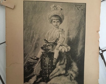 Antique Etching of Child Sitting on a Taxidermied Wolf Pelt, Original Victorian Era Etching, Lithograph, Strange and Wonderful
