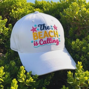 The Beach Is Calling Embroidered Hat, Summer Vacation Baseball Cap, Coastal Wash Cap, Beach Trip Dad Hat, Fun Beach Quote Cap for Travelers