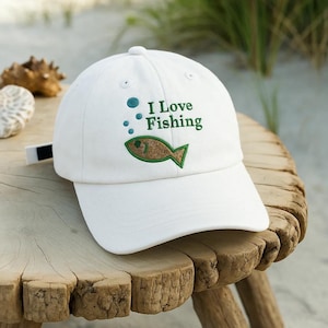I love fishing embroidered dad hat, fisherman baseball cap gift for men, adjustable fishing hat for anglers, outdoor custom wash cap style
