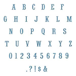 K&ouml;nnte beinhalten: Ein vollst&auml;ndiger Satz von Alphabet und Zahlen in einer hellblauen Schriftart im Vintage-Stil. Die Buchstaben A bis Z, die Zahlen 0 bis 9 und Satzzeichen werden auf wei&szlig;em Hintergrund angezeigt. Die Schriftart hat ein strukturiertes Aussehen.