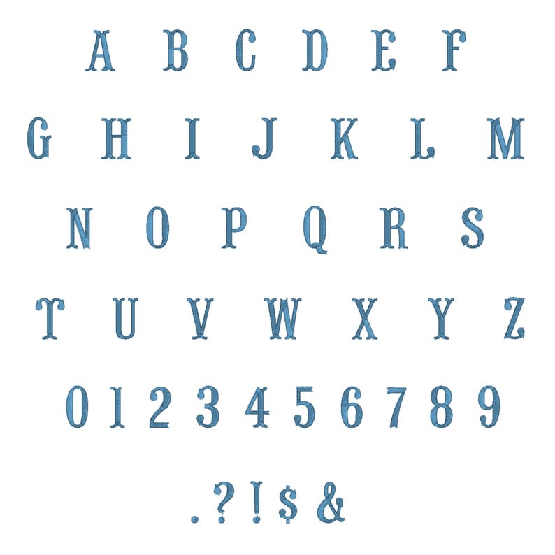 K&ouml;nnte beinhalten: Ein vollst&auml;ndiger Satz von Alphabet und Zahlen in einer hellblauen Schriftart im Vintage-Stil. Die Buchstaben A bis Z, die Zahlen 0 bis 9 und Satzzeichen werden auf wei&szlig;em Hintergrund angezeigt. Die Schriftart hat ein strukturiertes Aussehen.