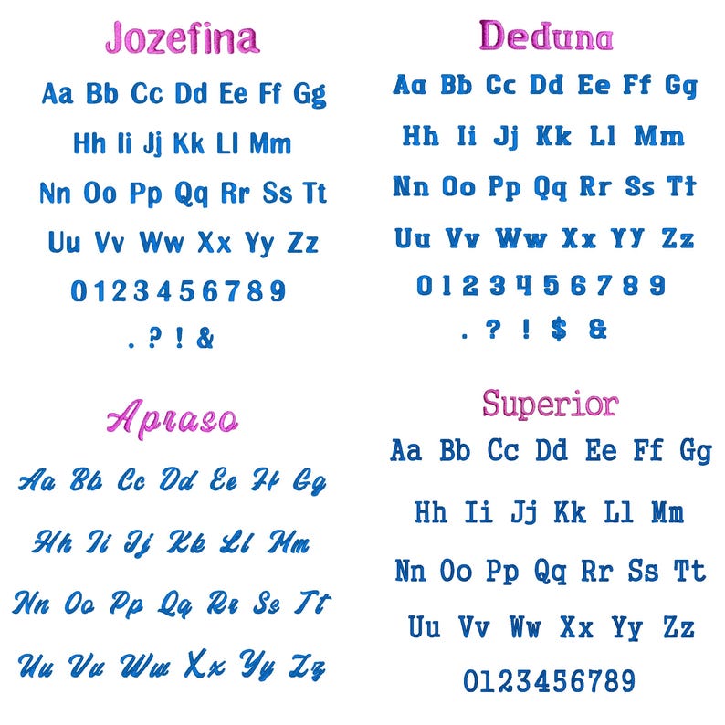 Op de afbeelding: Een afbeelding met vier verschillende lettertypestijlen, elk met het alfabet, cijfers en leestekens. De lettertypen zijn in verschillende kleuren, waaronder roze en blauw, met de namen Jozefina, Deduna, Apraso en Superior erboven.