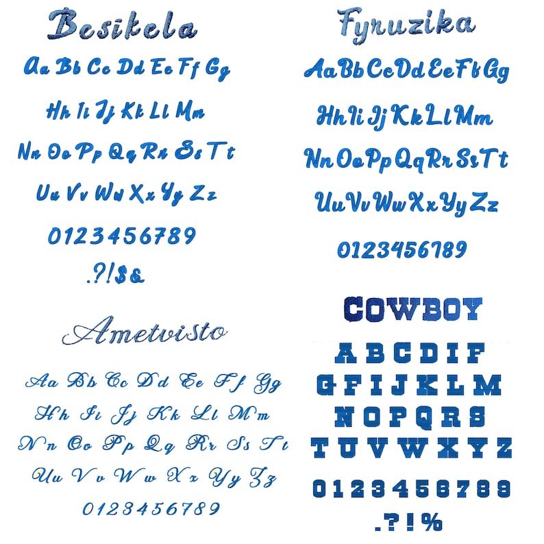 Op de afbeelding: Een verzameling blauwe lettertypen, waaronder cursieve en blokstijlen, met hoofdletters en kleine letters, cijfers en symbolen. De afbeelding toont verschillende lettertypevoorbeelden, zoals "Besikela", "Fyruzika", "Ametvisto" en "Cowboy".