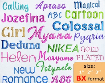 May include: A white fabric with embroidered words in various colors. Words include "JEOPARDY", "Superior", "Joker", "Calling", "Apraso", "Magical", "Jozefina", "Cartoon", "Colossal", "Girl", "Myana", "Pyqria", "Deduna", "NIKEA", "Helen", "Maryamo", "New", "Fotynela", "Romance", "Cymor", "Calling", and "Superior". A small box indicates sizes 1", 2", and 3", and "BX format".