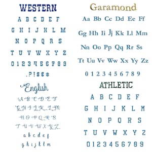 Op de afbeelding: Op een witte achtergrond worden verschillende lettertypen getoond, waaronder "WESTERN", "Garamond", "English" en "ATHLETIC". Elk lettertype toont het alfabet, cijfers en speciale tekens.