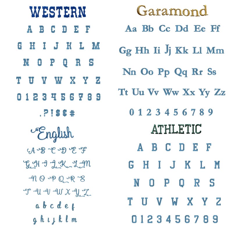 Op de afbeelding: Op een witte achtergrond worden verschillende lettertypen getoond, waaronder "WESTERN", "Garamond", "English" en "ATHLETIC". Elk lettertype toont het alfabet, cijfers en speciale tekens.