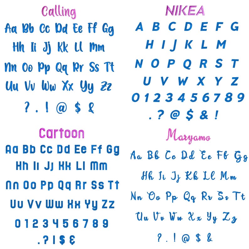 Op de afbeelding: Presentatie van vier verschillende lettertypen, elk met het alfabet, cijfers en symbolen. De lettertypen vari&euml;ren in stijl, waaronder cursief en schreefloos. De woorden "Calling", "Cartoon" en "Maryamo" zijn roze, terwijl "NIKEA" paars is.