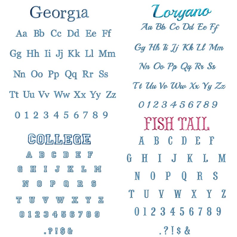 Op de afbeelding: Op een witte achtergrond worden verschillende lettertypen weergegeven, waaronder "Georgia" en "Loryano" in blauw script. De afbeelding toont hoofdletters en kleine letters, cijfers en symbolen voor elk lettertype, met de woorden "COLLEGE" en "FISH TAIL".