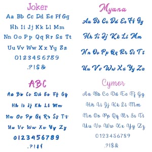 Op de afbeelding: Vier verschillende lettertypen worden weergegeven tegen een witte achtergrond. Elk lettertype bevat het alfabet, cijfers en symbolen. De lettertypen heten "Joker", "Myana", "ABC" en "Cymor". De lettertypen "Joker" en "ABC" zijn blauw, terwijl "Myana" en "Cymor" roze zijn.