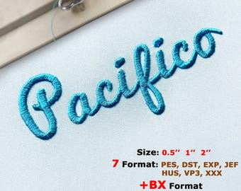 Pacifico Embroidery Font, Cursive Embroidery Font, BX font, Mini Embroidery Font, PES font, Script embroidery Pes Dst Jef VP3 Exp Hus Xxx BX